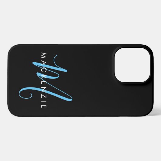 Elegant modern Black Sky Blue Script Monogram iPhone Hoesje (Achterkant horizontaal)