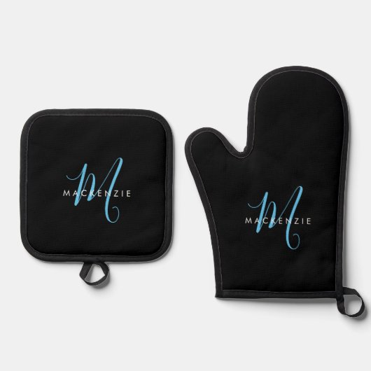 Elegant modern Black Sky Blue Script Monogram Ovenwant & Pannenlap Set (Voorkant)