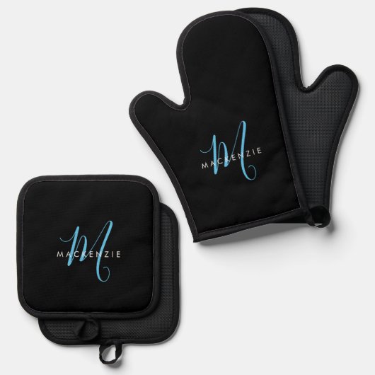Elegant modern Black Sky Blue Script Monogram Ovenwant & Pannenlap Set (Voorkant / Achterkant)