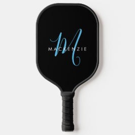 Elegant modern Black Sky Blue Script Monogram Pickleball Paddle