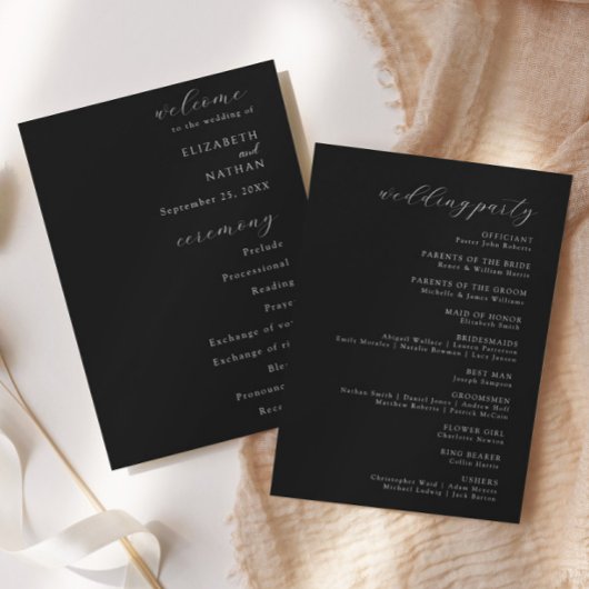 Elegant Modern Black Tie Formal Wedding Program Kaart