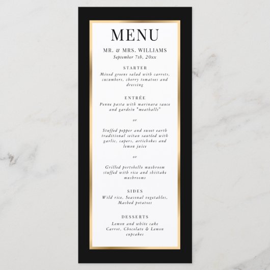 Elegant Modern Black White en Gold Wedding Menu (Voorkant)