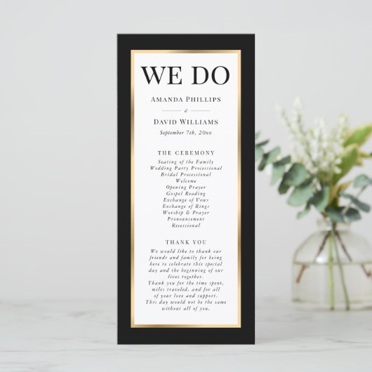 Elegant Modern Black White en Gold Wedding Programmakaart (Staand voorkant)