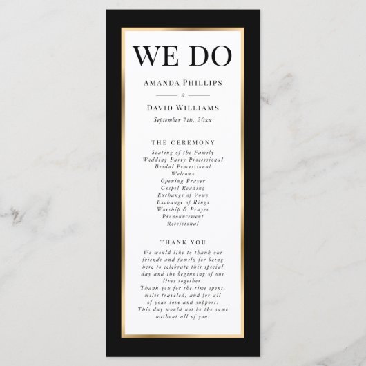 Elegant Modern Black White en Gold Wedding Programmakaart (Voorkant)
