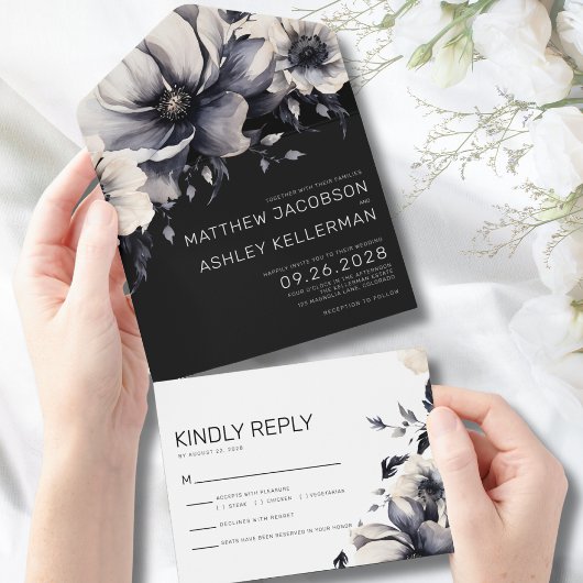 Elegant Modern Black White Floral Wedding All In One Uitnodiging