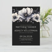 Elegant Modern Black White Floral Wedding Kaart (Staand voorkant)