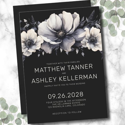 Elegant Modern Black White Floral Wedding Kaart
