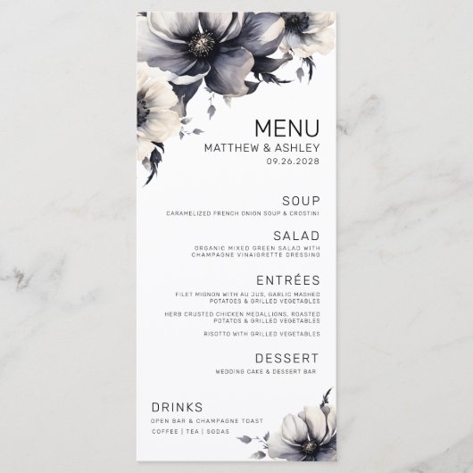Elegant Modern Black White Floral Wedding Menu (Voorkant)