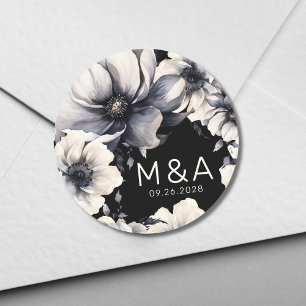 Elegant Modern Black White Floral Wedding Ronde Sticker