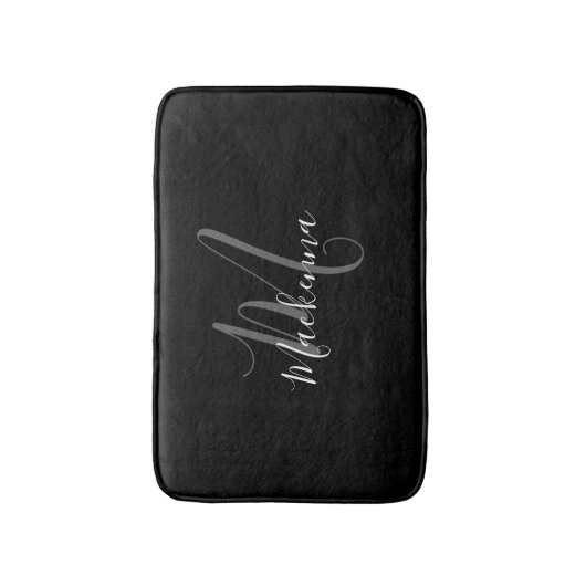 Elegant Modern Black White Monogram Script Name Badmat (Voorkant Verticaal)