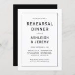 Elegant Modern Black White Rehearsal Dinner Kaart<br><div class="desc">Deze elegante,  minimalistische repetitieve avondmaaltijd kenmerkt de tekst in zwart copperplate en cursief type,  die door een dunne zwarte lijn op een witte achtergrond worden gevormd. De achterkant is stevig zwart.</div>