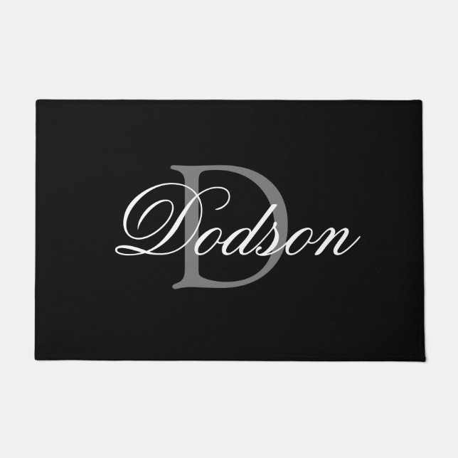 Elegant Modern Black White Script Monogram Familie Deurmat (Voorkant)