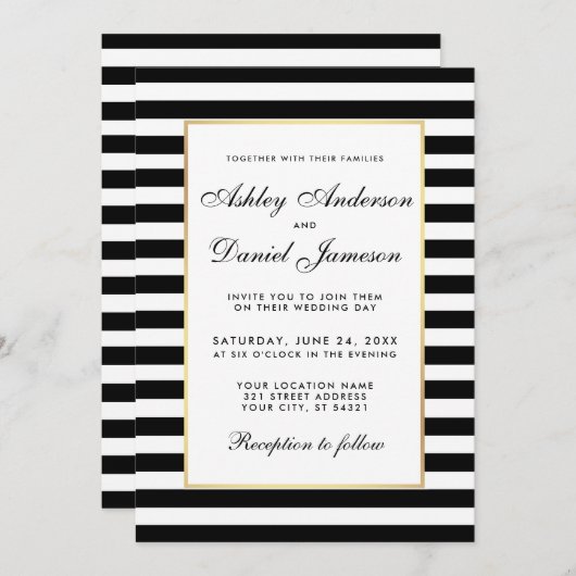 Elegant Modern Black White Striped Wedding Invite Kaart (Voorkant / Achterkant)