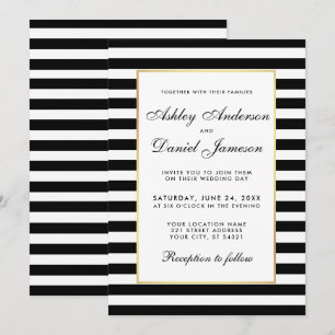 Elegant Modern Black White Striped Wedding Invite Kaart
