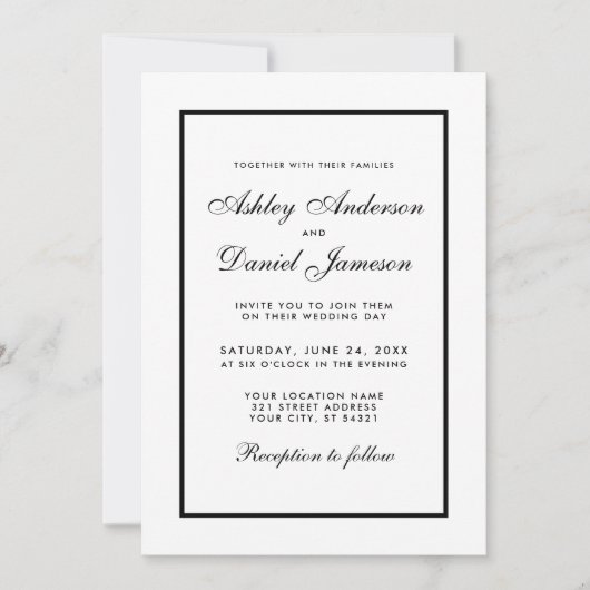 Elegant Modern Black & White Wedding Invitation Kaart (Voorkant)