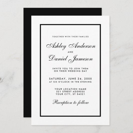 Elegant Modern Black & White Wedding Invitation Kaart (Voorkant / Achterkant)