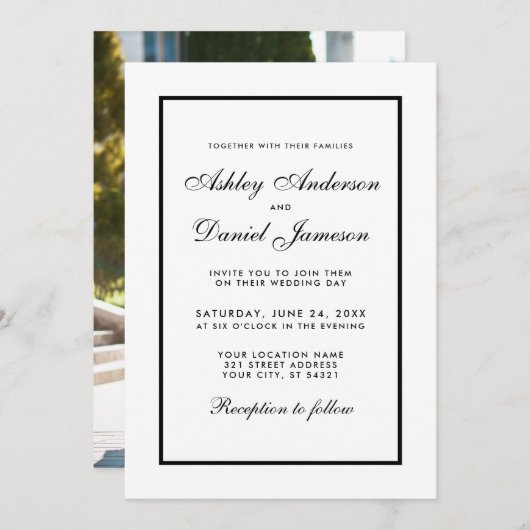 Elegant Modern Black & White Wedding Invite Foto Kaart (Voorkant / Achterkant)