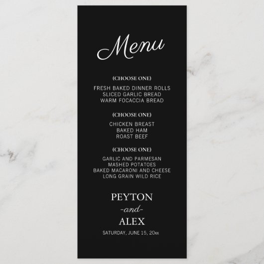 Elegant Modern Black White Wedding Menu (Voorkant)
