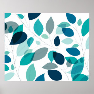 Elegant modern blauw en groen blad patroon   poster