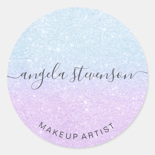 Elegant modern blauw en paarse glitter make-up ronde sticker (Voorkant)