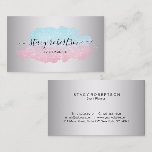 Elegant modern blauw- en roos goudglitter-planner visitekaartje (Voorkant / Achterkant)