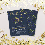 Elegant modern blauw Faux Gold Licht 30e verjaarda Kaart<br><div class="desc">Moderne uitnodiging van de 30e verjaardag van de Dag van de Hemel met elegante lichtsnaren en het woord "Dertig" in faux gouden folie tegen een donkerblauwe achtergrond. De kaart omvat een passende achterkant van het patroon. Bekijk hier andere overeenkomende items https://www.zazzle.com/collections/strings_of_lights_faux_gold_celebration_collection-119311942951401241?rf=238364477188679314 en pas deze aan door de plaatsaanduidingstekst te vervangen...</div>