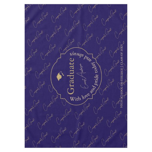 Elegant Modern Blauw Goud Afstuderen Petten Afstud Tafelkleed (Voorkant)