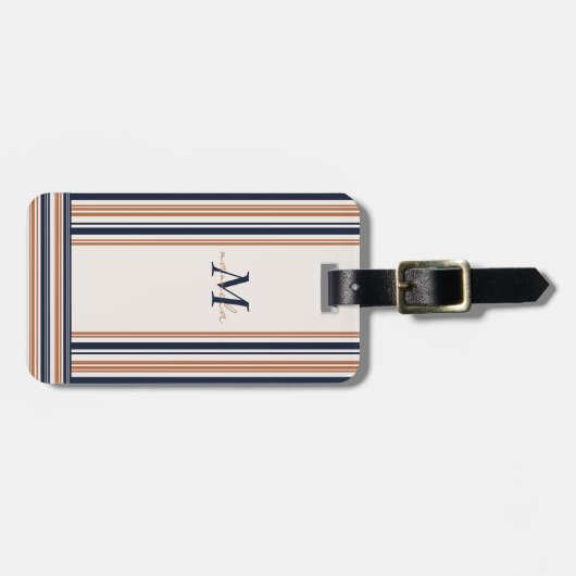 Elegant Modern Blauw Goud Wit Strepen Monogram Bagagelabel (Voorkant horizontaal)