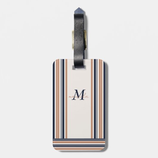 Elegant Modern Blauw Goud Wit Strepen Monogram Bagagelabel (Achterkant verticaal)
