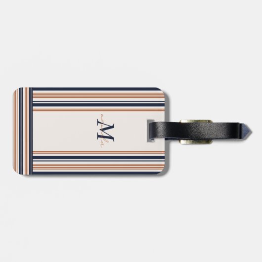 Elegant Modern Blauw Goud Wit Strepen Monogram Bagagelabel (Achterkant horizontaal)