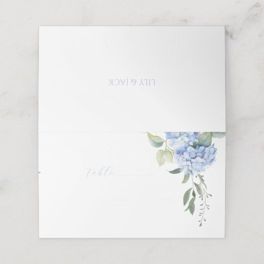 Elegant Modern Blauw Hydrangea Trouwtafel Plaatskaartje (Buitenkant ongevouwen)