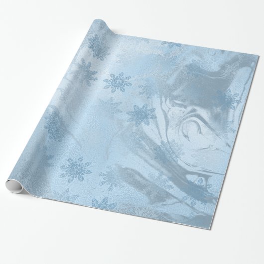 Elegant modern blauw marmer met sneeuwvlokken kers cadeaupapier (Uitgerold)