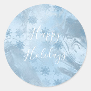 Elegant modern blauw marmer-sneeuwvlokpatroon ronde sticker