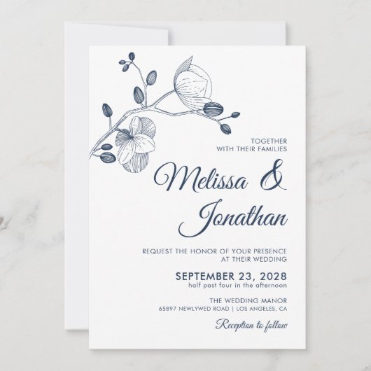 Elegant modern blauw orchideeën bruiloft wit kaart (Voorkant)