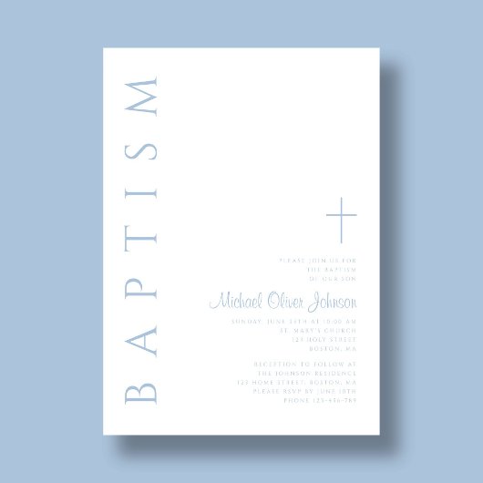 Elegant Modern Blauw Script Cross Boy Doop Kaart