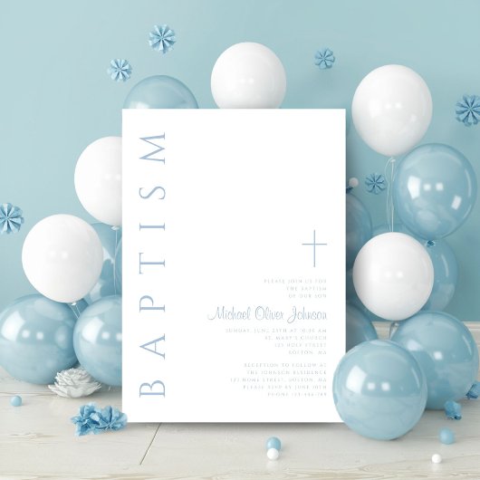 Elegant Modern Blauw Script Cross Boy Doop Kaart