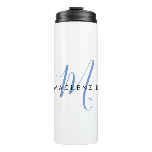 Elegant modern blauw Script-monogram Thermosbeker (Voorkant)