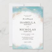 Elegant Modern Blauw Waterverf Gouden Bruiloft Kaart (Voorkant)