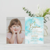 Elegant modern blauw Waterverf gouden kruis doop Kaart (Staand voorkant)