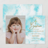 Elegant modern blauw Waterverf gouden kruis doop Kaart (Voorkant / Achterkant)