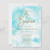 Elegant modern blauw Waterverf gouden kruis doop Kaart (Voorkant)