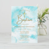 Elegant modern blauw Waterverf gouden kruis doop Kaart (Staand voorkant)