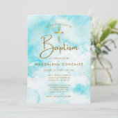 Elegant modern blauw Waterverf gouden kruis doop Kaart (Staand voorkant)