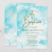 Elegant modern blauw Waterverf gouden kruis doop Kaart (Voorkant / Achterkant)