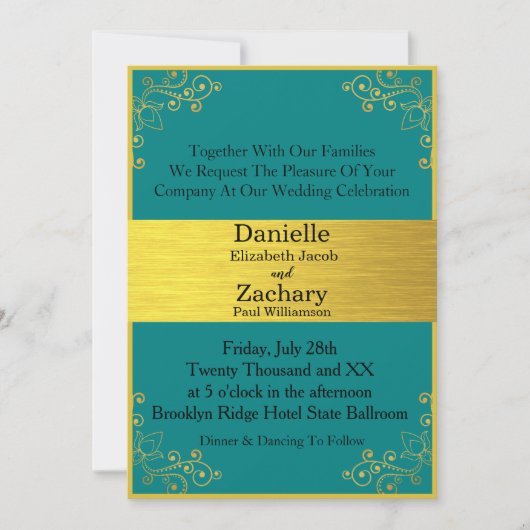 Elegant modern Blauwgroen en goudhorizontaal huwel Kaart (Voorkant)