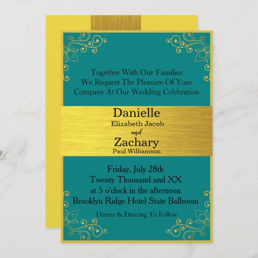 Elegant modern Blauwgroen en goudhorizontaal huwel Kaart (Voorkant / Achterkant)