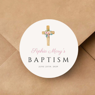 Elegant Modern Bloemrijke Religieuze Kruis Doop Ronde Sticker