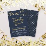 Elegant Modern Blue Faux Gold Lights 21st Birthday Kaart<br><div class="desc">Modern 21st Birthday invitation featuring elegant strings of lights and the word "Twenty One" in faux gold against a dark blue background. Card includes a matching pattern back side. Check out other matching items here https://www.zazzle.com/collections/strings_of_lights_faux_gold_celebration_collection-119311942951401241?rf=238364477188679314 Personalize it by replacing the placeholder text to add your information. For more options click...</div>