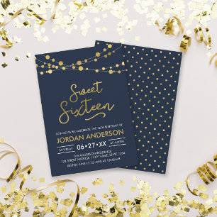 Elegant modern Blue Faux Gold Lights Sweet Sixteen Kaart