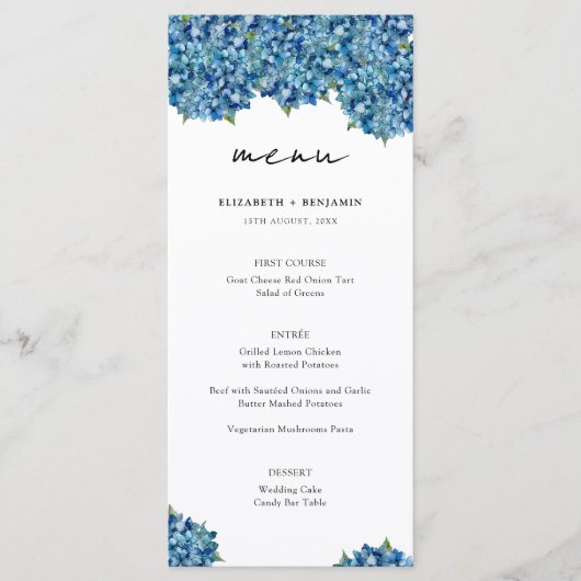  Elegant Modern Blue Hydrangeas Floral Wedding Menu (Voorkant)